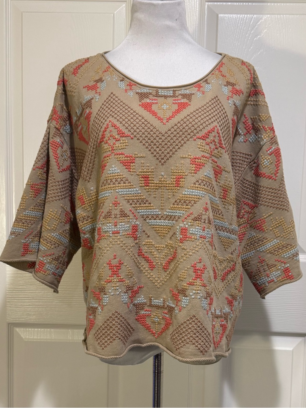 JW Los Angeles Johnny Was Embroidered Geometric French Terry Top